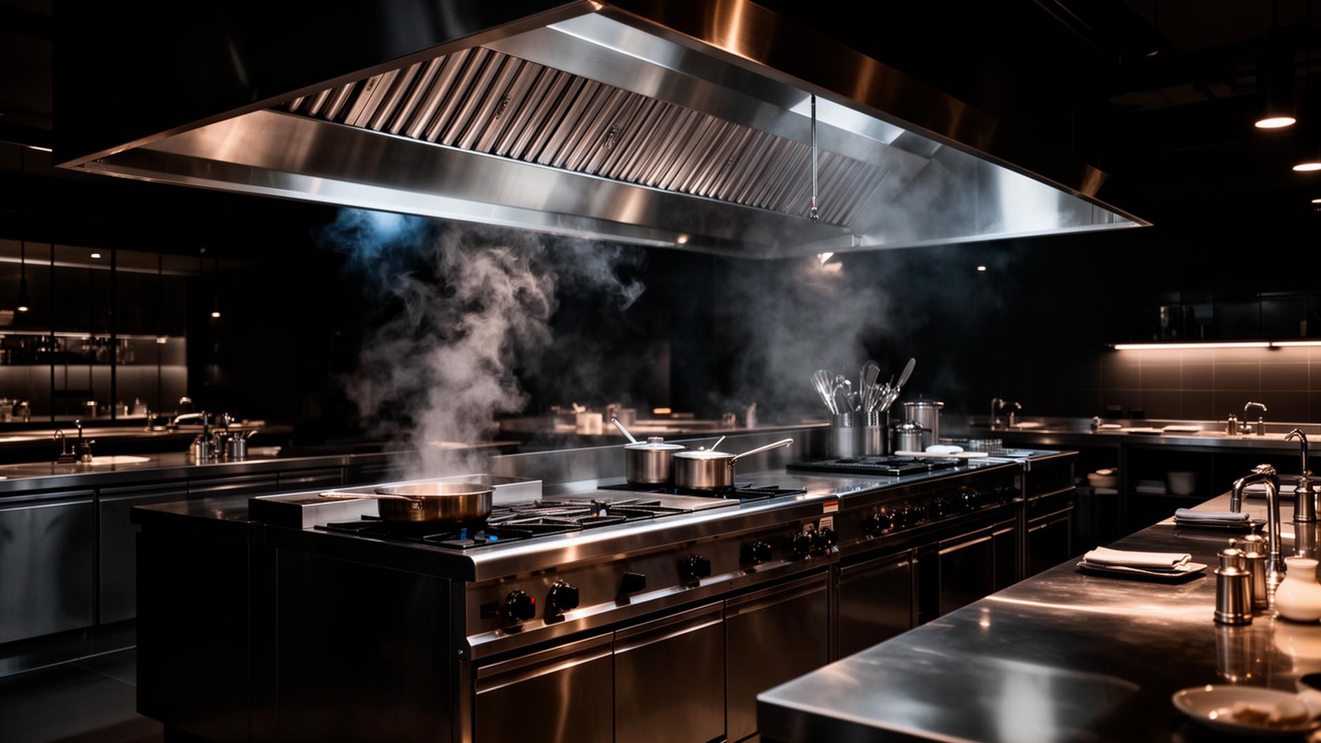 Premium commercial kitchen with stainless steel exhaust hood